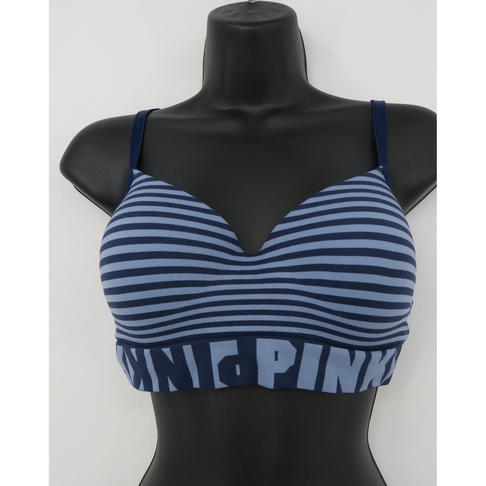 Victorias Secret PINK Cool & Comfy Wireless Bra Blue Striped Logo Band Large